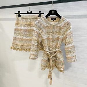 authentic CHANEL Beige and Gold Knit Cardigan and Skirt Set